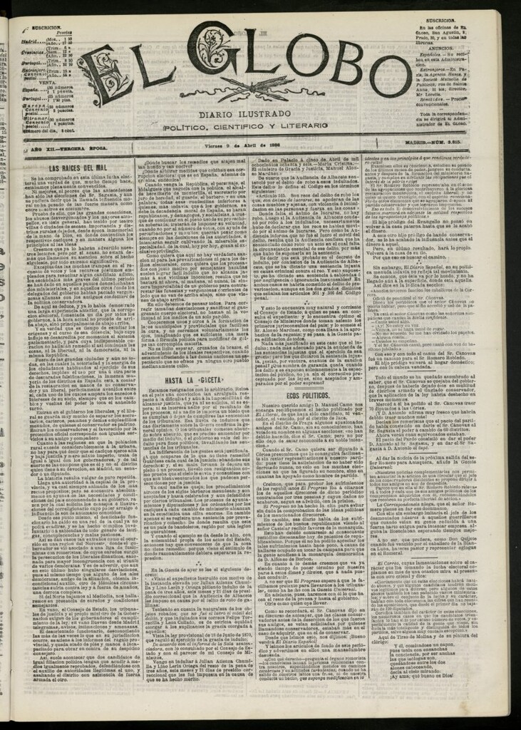 Miniatura de El Globo : diario ilustrado del 9 de abril de 1886, nº 3815