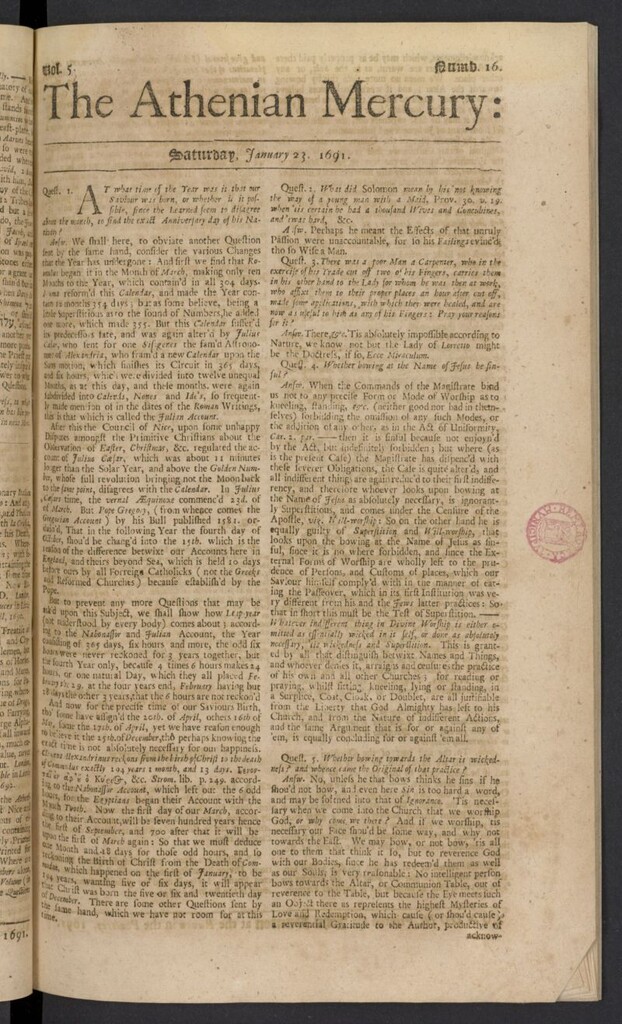 Miniatura de The Athenian Gazette or Casuistical Mercury del 23 de enero de 1691[sic], nº 16