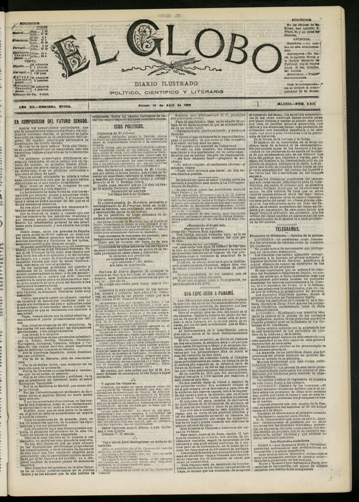 Miniatura de El Globo : diario ilustrado del 10 de abril de 1886, nº 3816