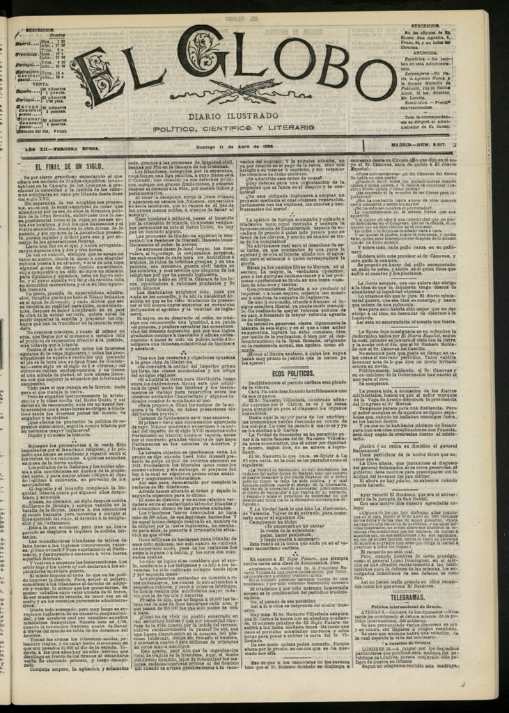 Miniatura de El Globo : diario ilustrado del 11 de abril de 1886, nº 3817