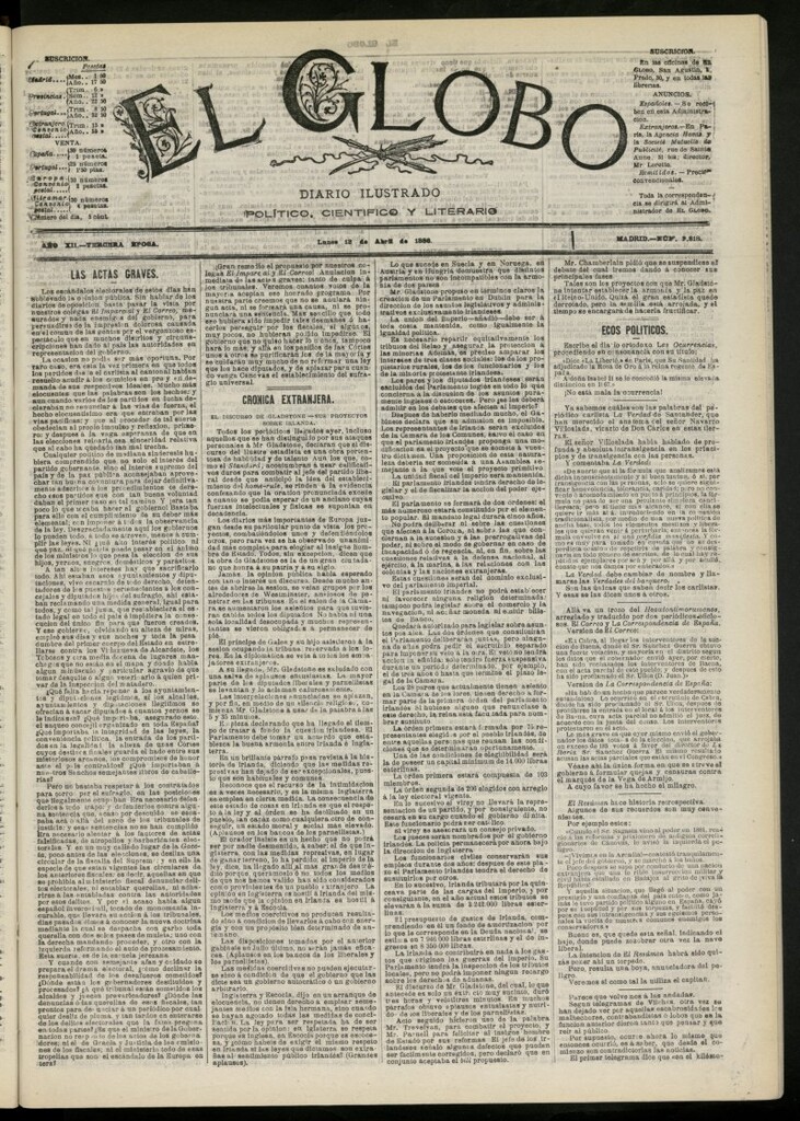 Miniatura de El Globo : diario ilustrado del 12 de abril de 1886, nº 3818