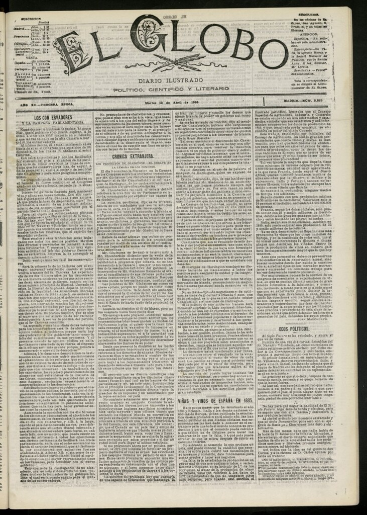 Miniatura de El Globo : diario ilustrado del 13 de abril de 1886, nº 3819