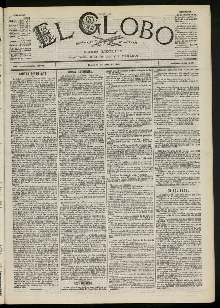 Miniatura de El Globo : diario ilustrado del 15 de abril de 1886, nº 3821
