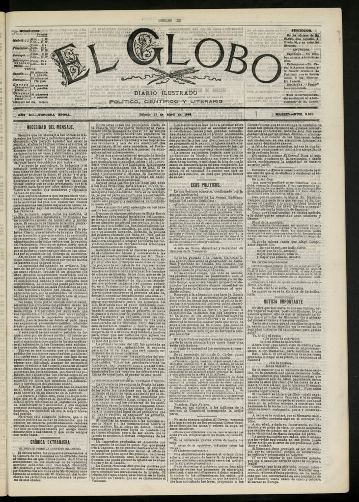 Miniatura de El Globo : diario ilustrado del 17 de abril de 1886, nº 3823