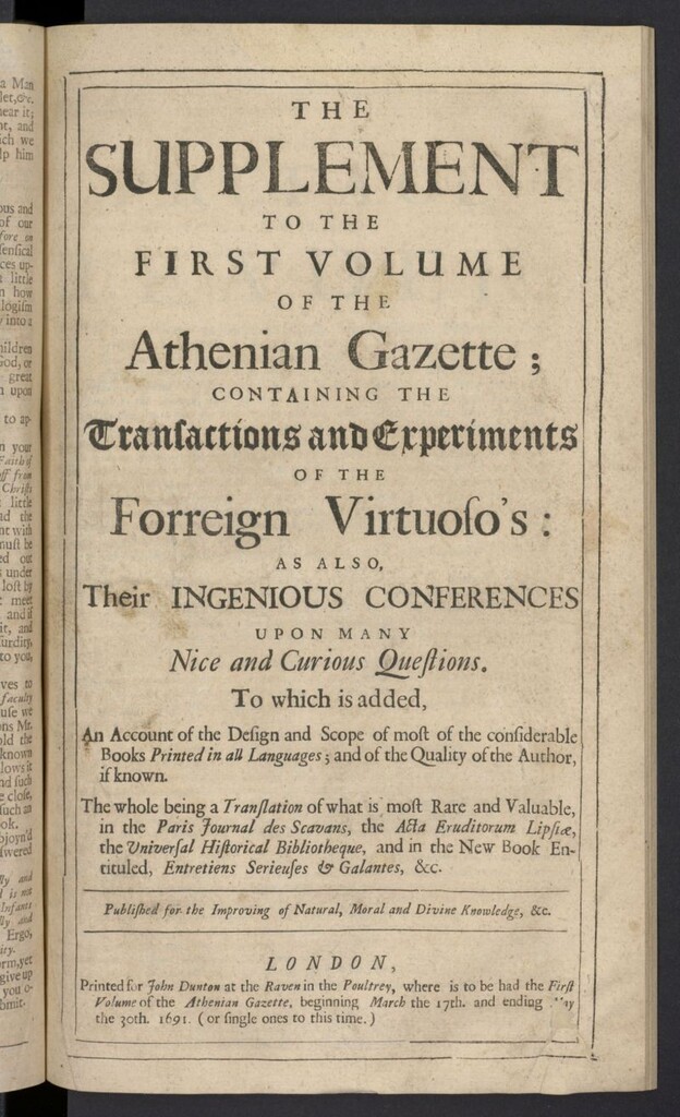Miniatura de The Athenian Gazette or Casuistical Mercury de 1691, suplemento al tomo 18