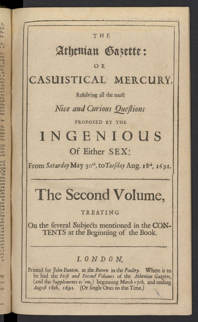 Miniatura de The Athenian Gazette or Casuistical Mercury del 25 de mayo de 1691, prologo al tomo II