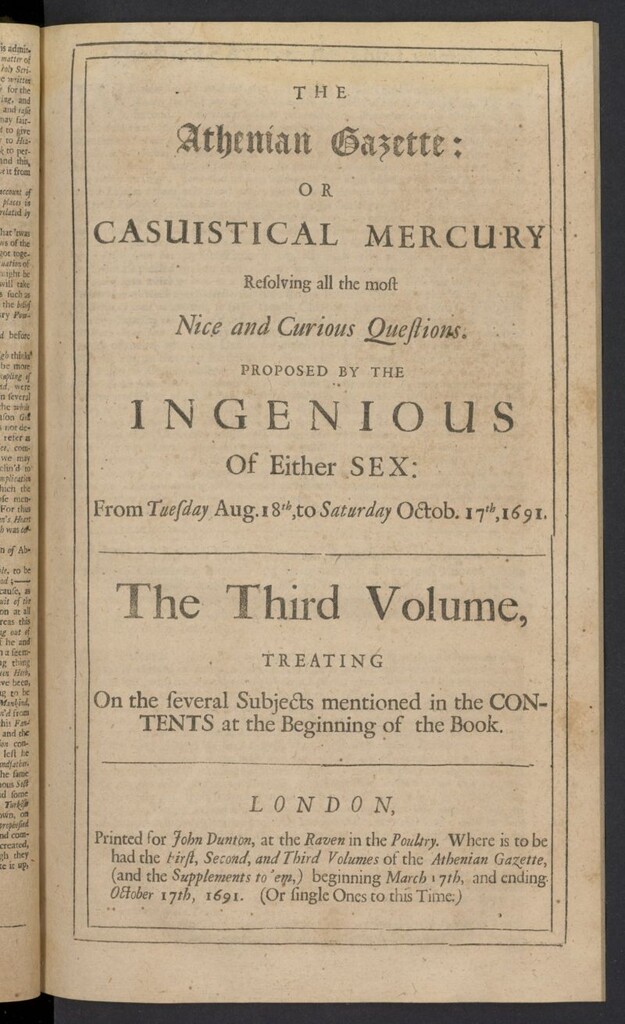 Miniatura de The Athenian Gazette or Casuistical Mercury del 27 de julio de 1691, prologo al tomo III