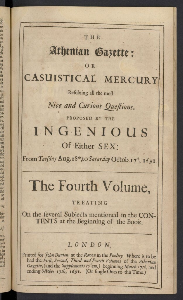 Miniatura de The Athenian Gazette or Casuistical Mercury del 28 de septiembre de 1691, prologo al tomo IV
