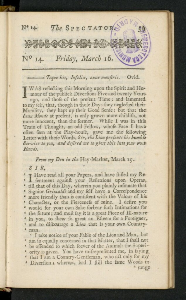 Miniatura de The Spectator del 16 de marzo de 1711, nº 14