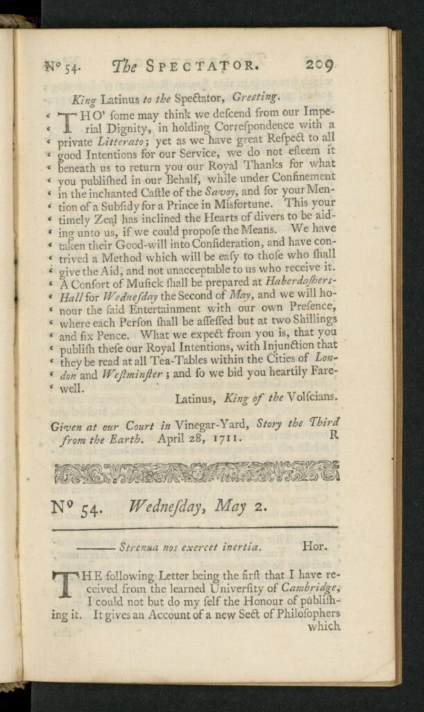 Miniatura de The Spectator del 2 de mayo de 1711, nº 54