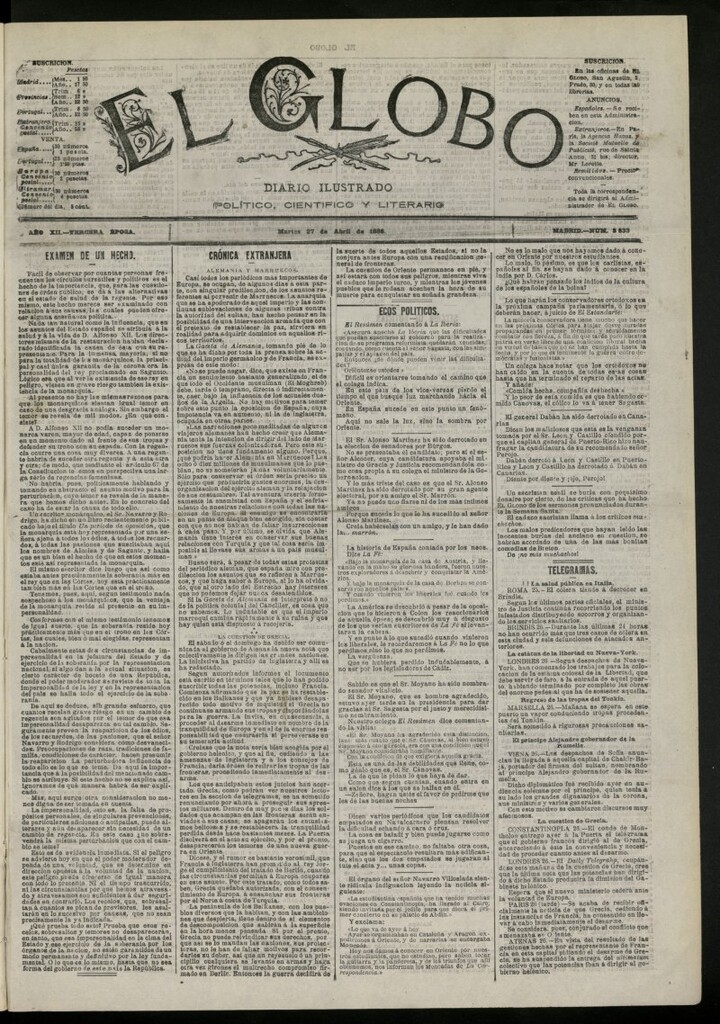Miniatura de El Globo : diario ilustrado del 27 de abril de 1886, nº 3833