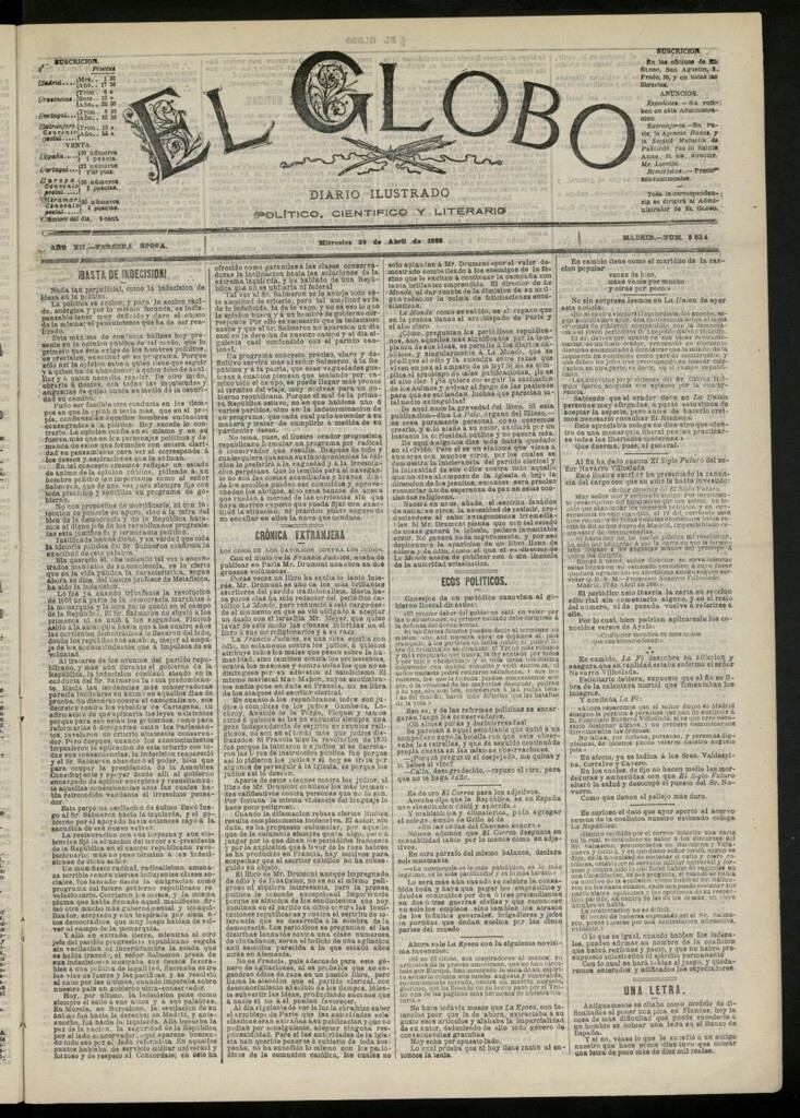 Miniatura de El Globo : diario ilustrado del 28 de abril de 1886, nº 3834