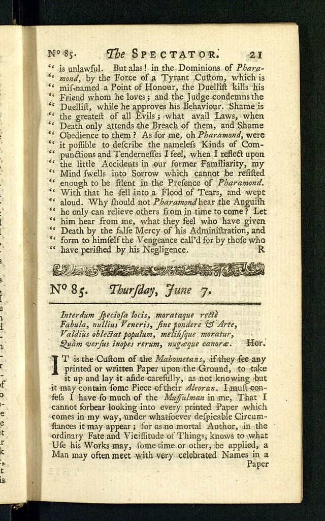 Miniatura de The Spectator del 7 de junio de 1711, nº 85
