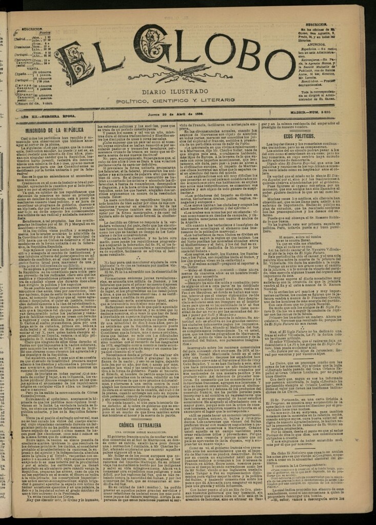 Miniatura de El Globo : diario ilustrado del 29 de abril de 1886, nº 3835