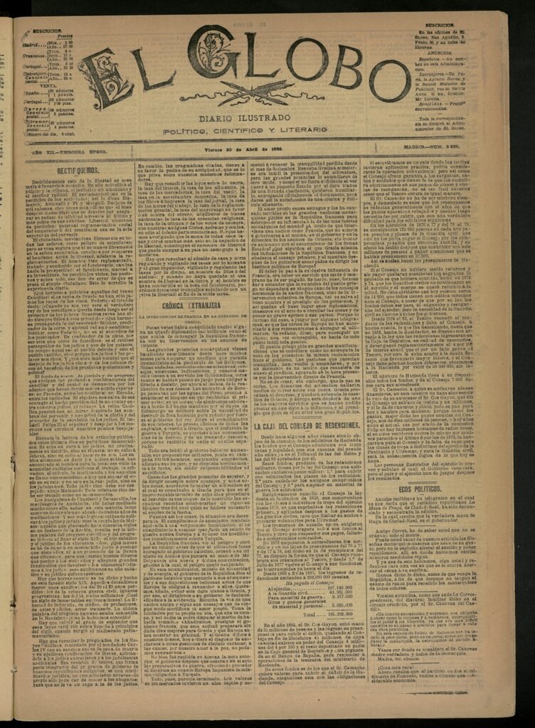 Miniatura de El Globo : diario ilustrado del 30 de abril de 1886, nº 3836