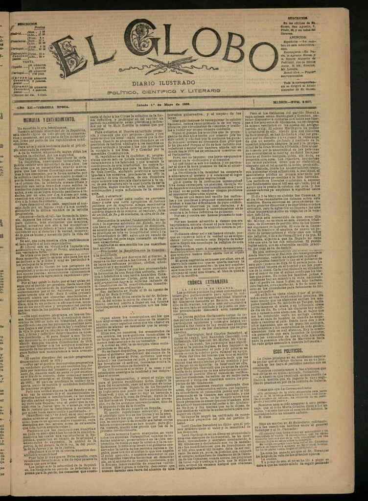 Miniatura de El Globo : diario ilustrado del 1 de mayo de 1886, nº 3837