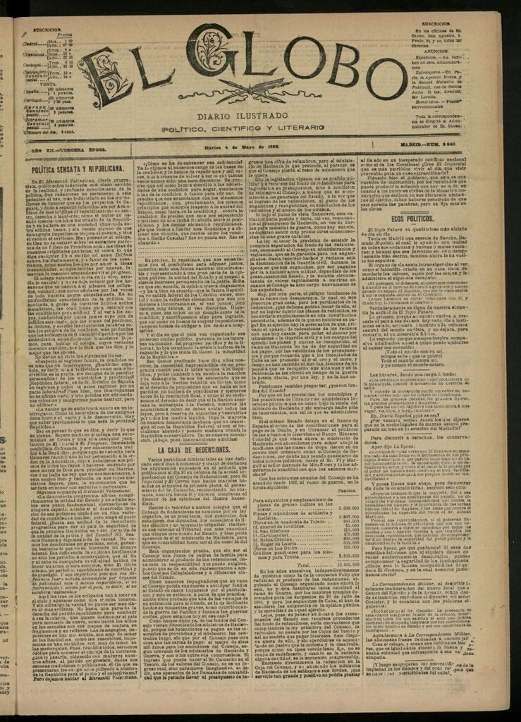Miniatura de El Globo : diario ilustrado del 4 de mayo de 1886, nº 3840