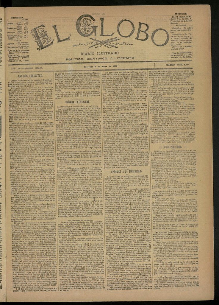Miniatura de El Globo : diario ilustrado del 5 de mayo de 1886, nº 3841