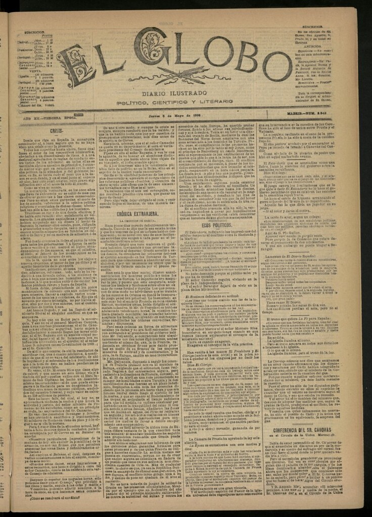 Miniatura de El Globo : diario ilustrado del 6 de mayo de 1886, nº 3842