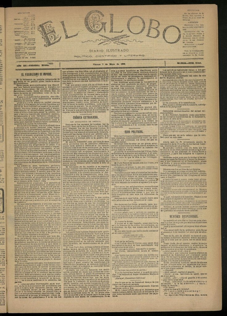 Miniatura de El Globo : diario ilustrado del 7 de mayo de 1886, nº 3843