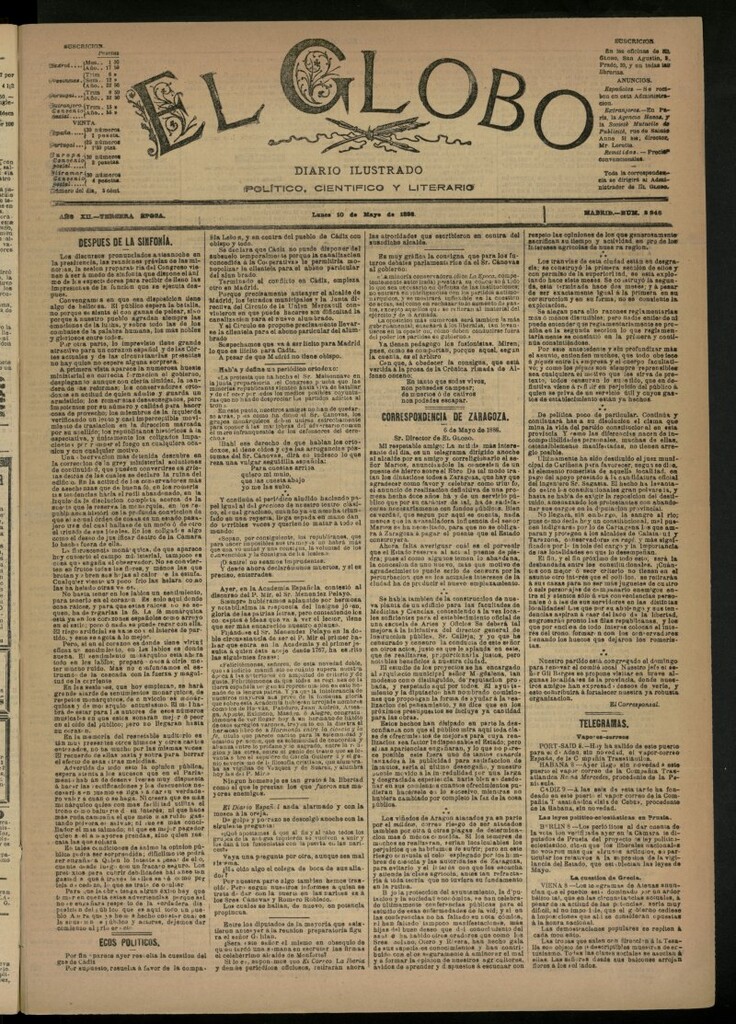 Miniatura de El Globo : diario ilustrado del 10 de mayo de 1886, nº 3846