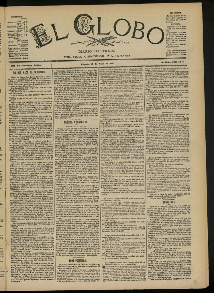 Miniatura de El Globo : diario ilustrado del 12 de mayo de 1886, nº 3848