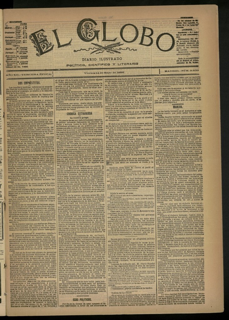 Miniatura de El Globo : diario ilustrado del 14 de mayo de 1886, nº 3850