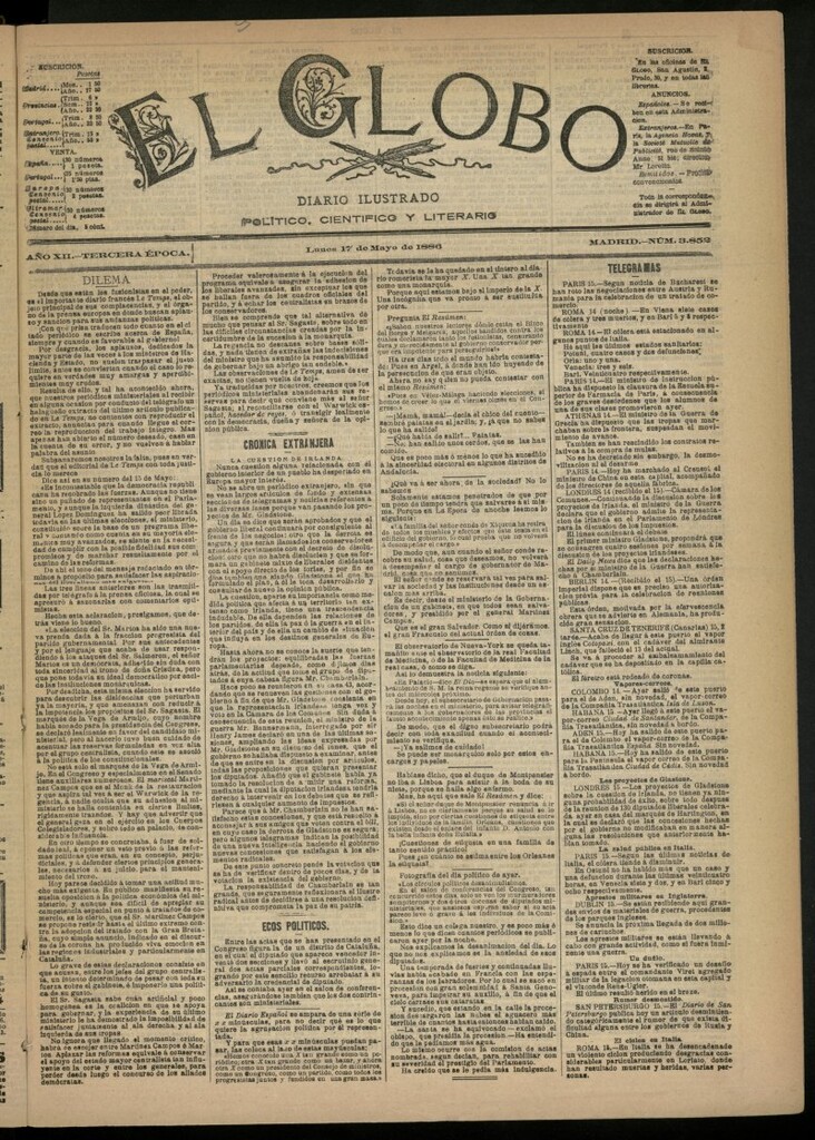 Miniatura de El Globo : diario ilustrado del 17 de mayo de 1886, nº 3852