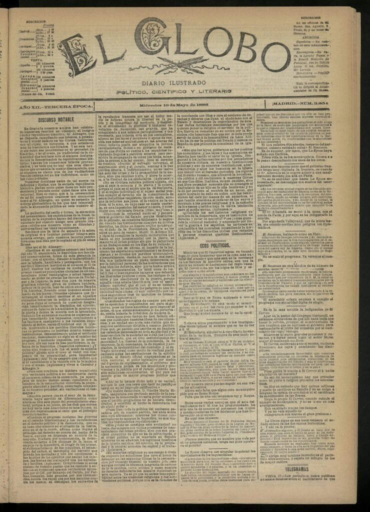 Miniatura de El Globo : diario ilustrado del 19 de mayo de 1886, nº 3854
