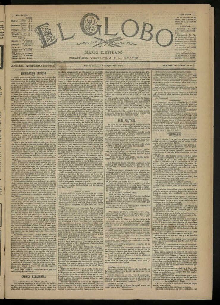 Miniatura de El Globo : diario ilustrado del 21 de mayo de 1886, nº 3856