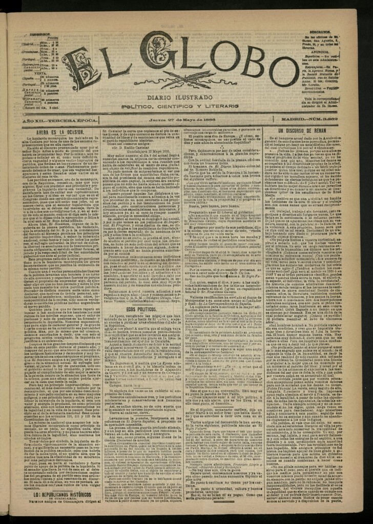 Miniatura de El Globo : diario ilustrado del 27 de mayo de 1886, nº 3862