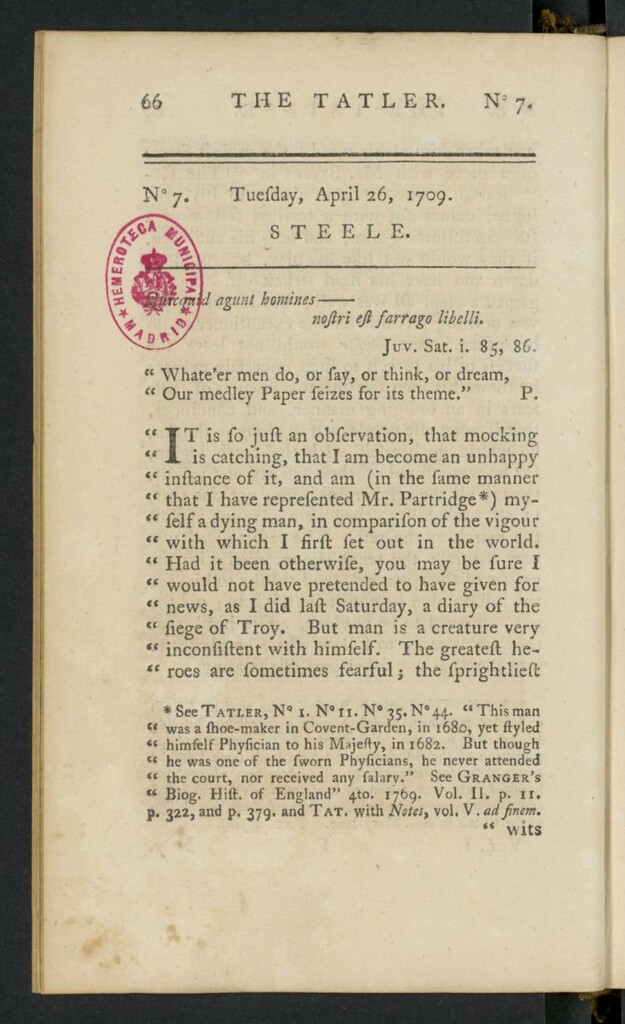 Miniatura de The Tatler del 26 de abril de 1709, nº 7