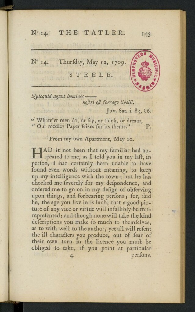 Miniatura de The Tatler del 12 de mayo de 1709, nº 14