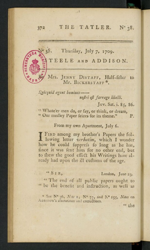 Miniatura de The Tatler del 7 de julio de 1709, nº 38