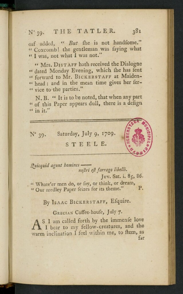 Miniatura de The Tatler del 9 de julio de 1709, nº 39