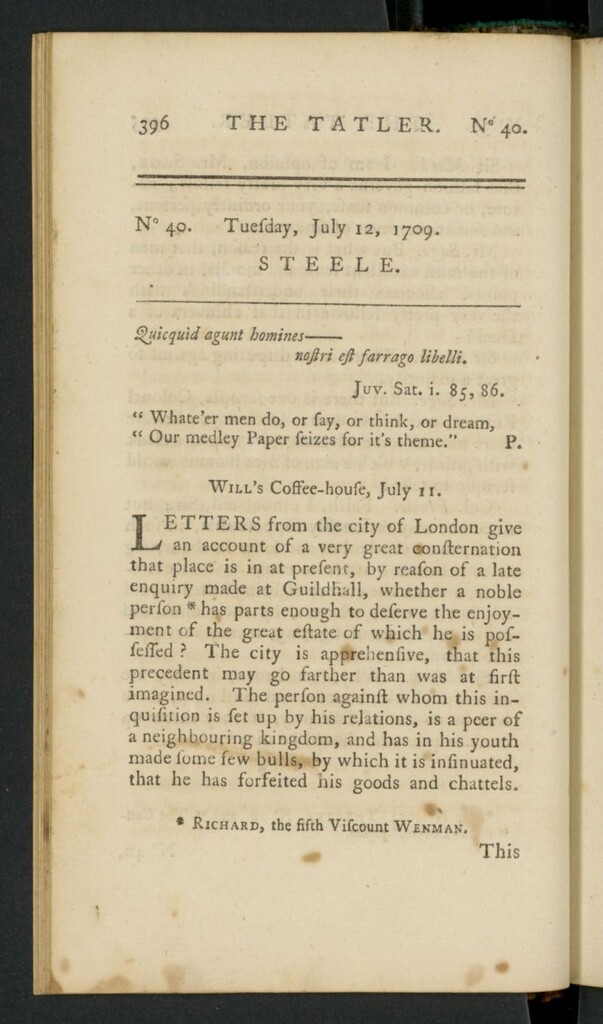 Miniatura de The Tatler del 12 de julio de 1709, nº 40