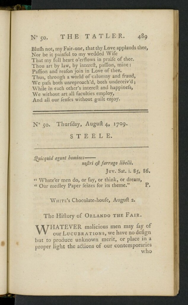 Miniatura de The Tatler del 4 de agosto de 1709, nº 50