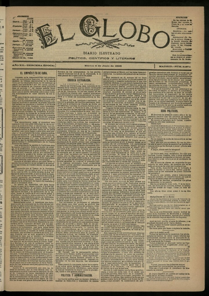 Miniatura de El Globo : diario ilustrado del 8 de junio de 1886, nº 3874