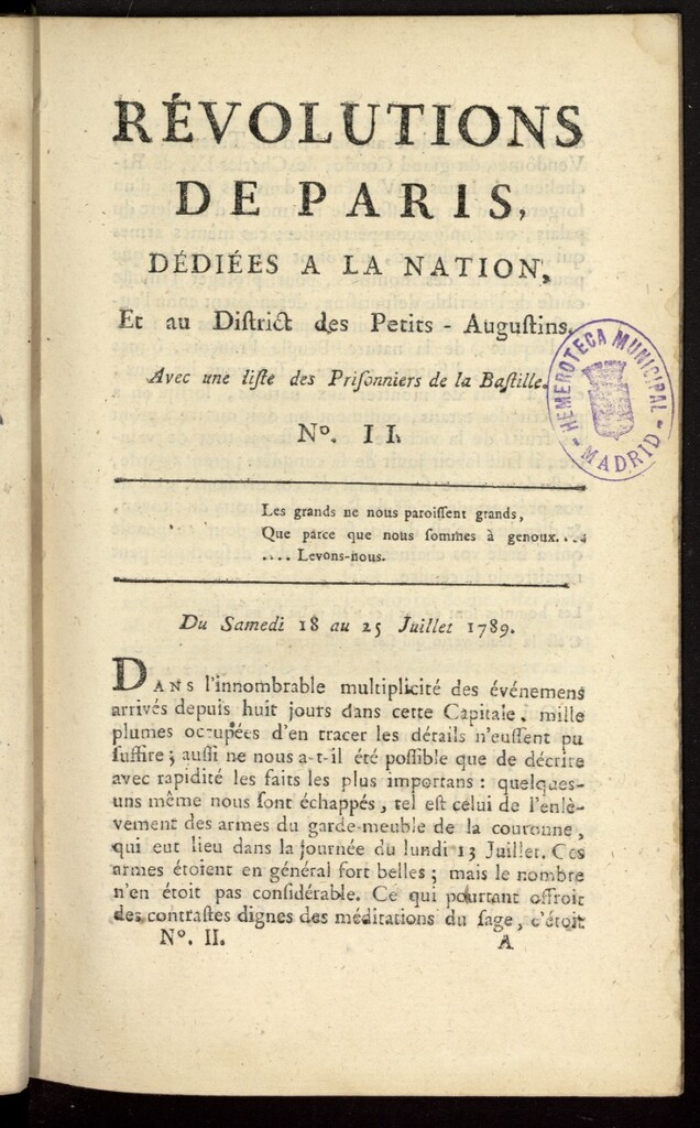 Miniatura de Revolutions de Paris : dédiées a la nation et au district des Petits Augustins del 18 al 25 de julio de 1789, nº 2