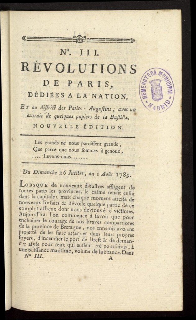 Miniatura de Revolutions de Paris : dédiées a la nation et au district des Petits Augustins del 26 de julio al 1 de agosto de 1789, nº 3