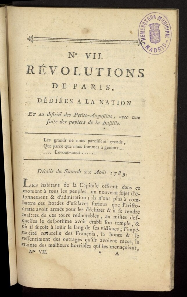 Miniatura de Revolutions de Paris : dédiées a la nation et au district des Petits Augustins del 22 de agosto de 1789, nº 7