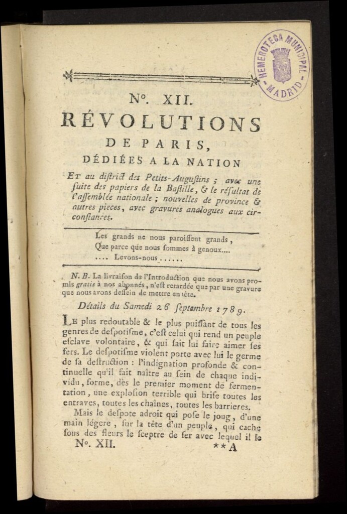 Miniatura de Revolutions de Paris : dédiées a la nation et au district des Petits Augustins del 26 de septiembre de 1789, nº 12
