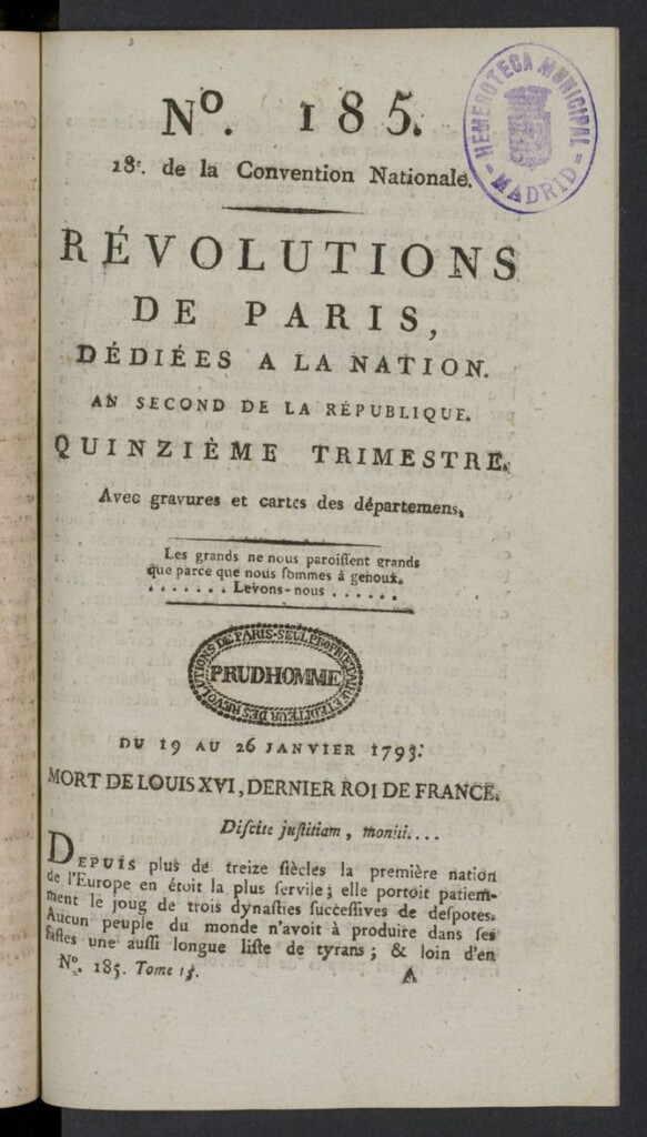 Miniatura de Revolutions de Paris : dédiées a la nation et au district des Petits Augustins del 19 al 26 de enero de 1793, nº 185