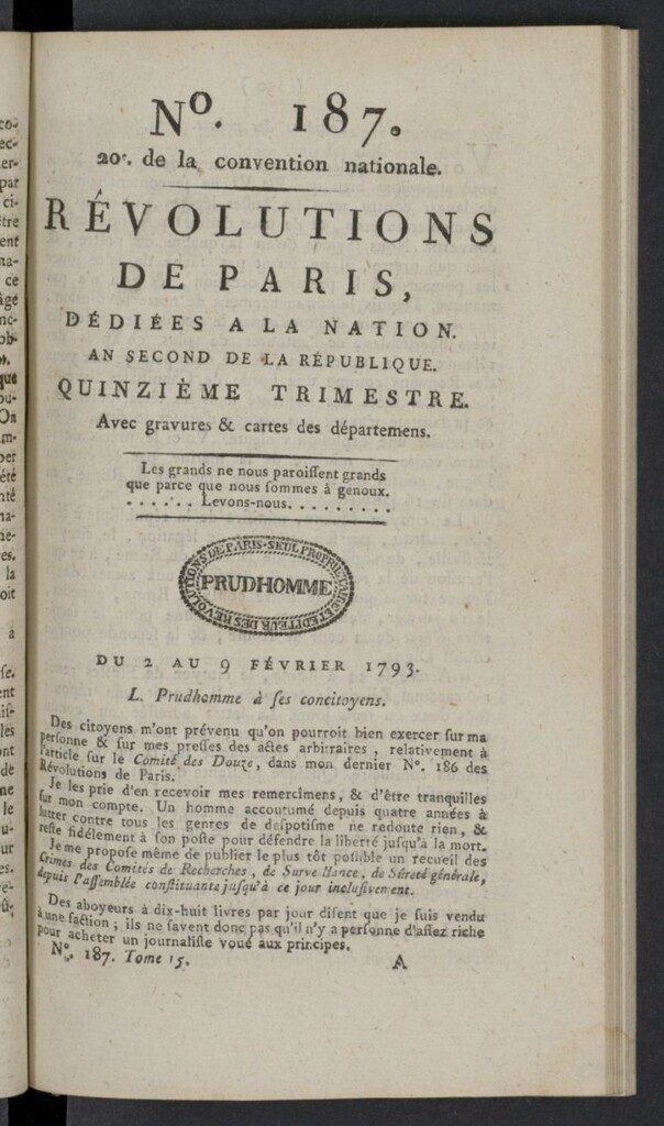 Miniatura de Revolutions de Paris : dédiées a la nation et au district des Petits Augustins del 2 al 9 de febrero de 1793, nº 187