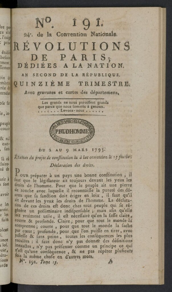 Miniatura de Revolutions de Paris : dédiées a la nation et au district des Petits Augustins del 2 al 9 de marzo de 1793, nº 191