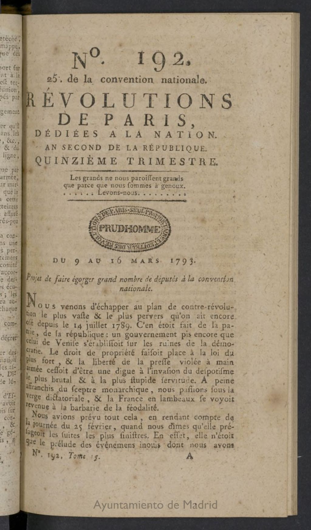 Miniatura de Revolutions de Paris : dédiées a la nation et au district des Petits Augustins del 9 al 16 de marzo de 1793, nº 192