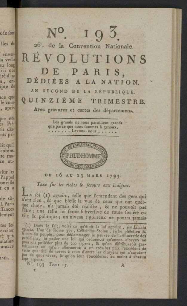 Miniatura de Revolutions de Paris : dédiées a la nation et au district des Petits Augustins del 16 al 23 de marzo de 1793, nº 193