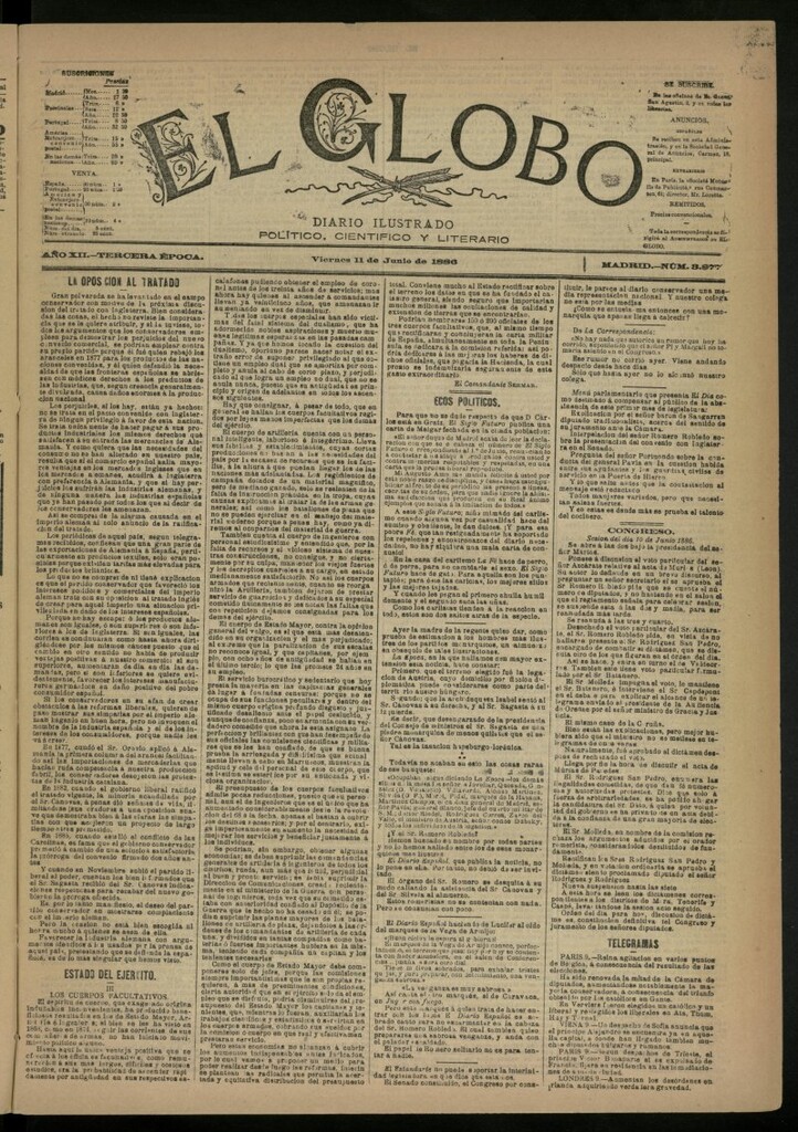 Miniatura de El Globo : diario ilustrado del 11 de junio de 1886, nº 3877