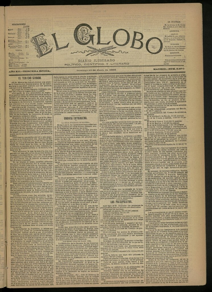 Miniatura de El Globo : diario ilustrado del 13 de junio de 1886, nº 3879