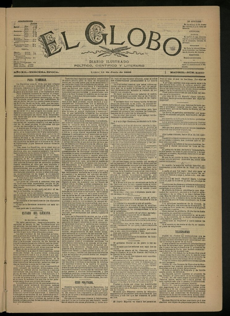 Miniatura de El Globo : diario ilustrado del 14 de junio de 1886, nº 3880